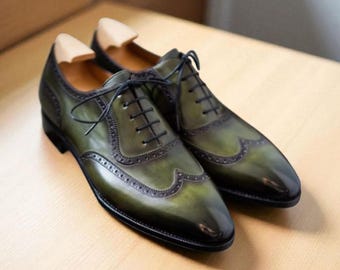 Handmade Green Leather Oxford Brogue Shoes: Men's Wedding Dress Shoes