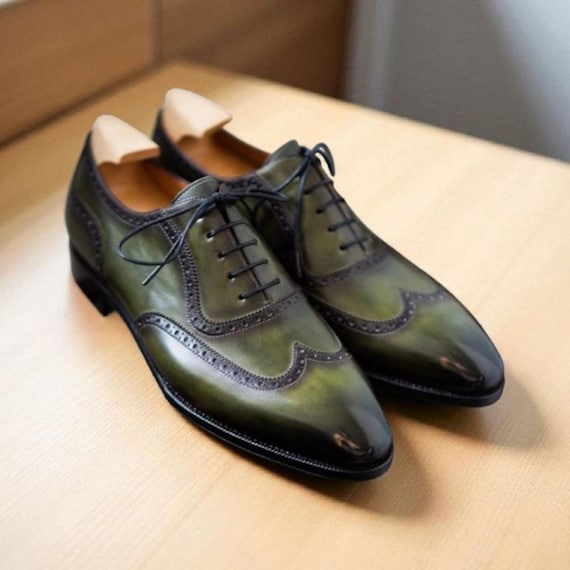 Handmade Green Leather Oxford Brogue Shoes: Men's Wedding Dress Shoes