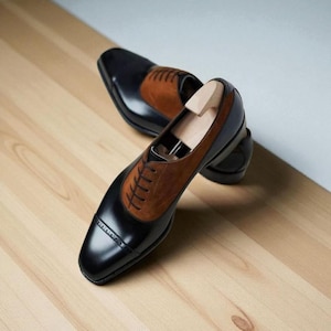 Handmade Two-Tone Oxford Brogue Shoes: Black Leather & Brown Suede