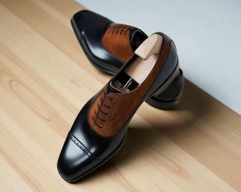 Handmade Two-Tone Oxford Brogue Shoes: Black Leather & Brown Suede