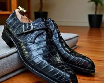 Handgefertigte Schwarze Krokodil Print Leder Monk Strap Oxford Schuhe