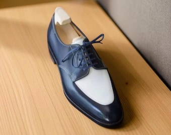 Handmade Two-Tone Leather Oxford Brogue Shoes: Blue & White