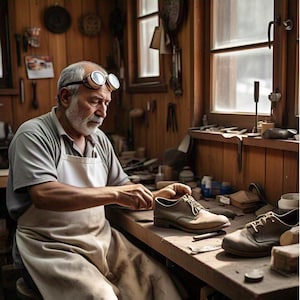 May include: A man wearing safety glasses works on a pair of brown leather shoes in a workshop. He is sitting at a wooden workbench with tools and other materials around him.