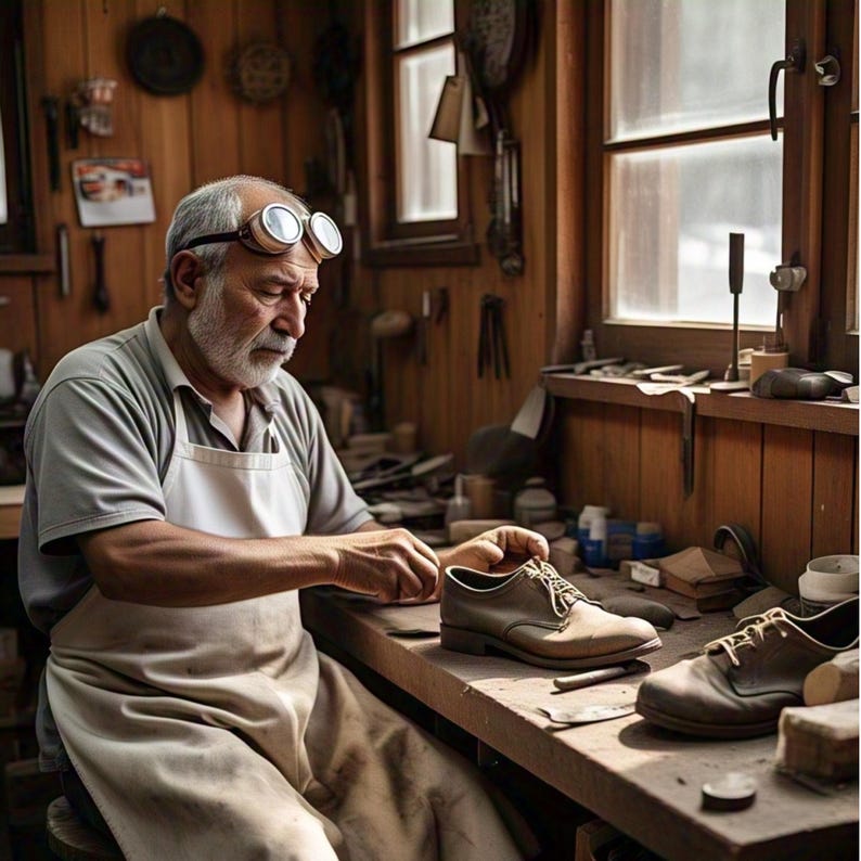 May include: A man wearing safety glasses works on a pair of brown leather shoes in a workshop. He is sitting at a wooden workbench with tools and other materials around him.