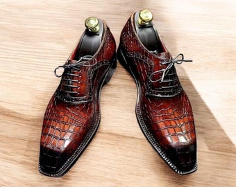 Handmade Maroon Crocodile Texture Leather Oxford Shoes: Men's Lace Up Whole Cut Brogue