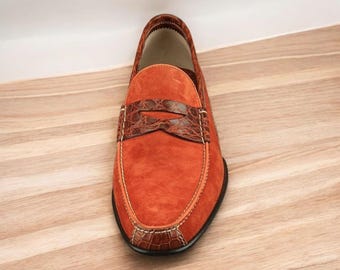 Handmade Two-Tone Leather Oxford Penny Loafers: Men's Suede & Crocodile Formal Moccasin