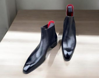 New Handmade Leather Chelsea Boots: Men's Black Side Elastic Oxford Dress Boots