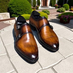 Handmade Leather Double Monk Strap Dress Shoes - Tan Oxford  display picture 3