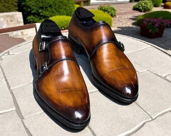 Handmade Leather Double Monk Strap Dress Shoes - Tan Oxford Style