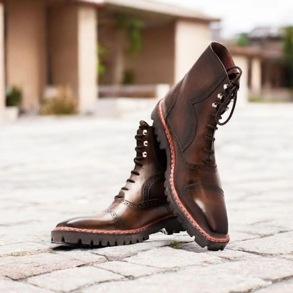 Handmade Brown Leather Oxford Brogue Boots: Vibram Sole Cap  display picture 2