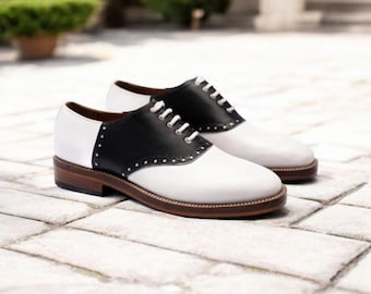 Klassische Handgefertigte Zweifarbige Saddle Oxford Schuhe: Weiß & Schwarz Leder Herren Schnüren Formelles Kleid Hochzeit