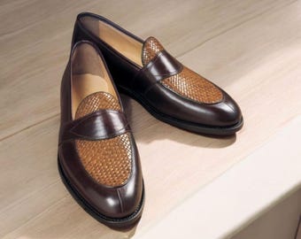Handmade Two-Tone Leather Penny Loafers: Bespoke Tan & Brown Men's Wedding Dress Shoes