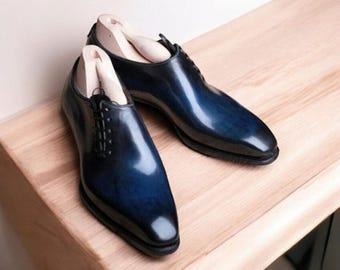 Handmade Blue Leather Oxford Brogue Shoes: Men's Formal Wedding Dress Footwear