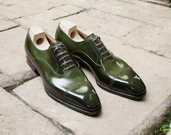 Handmade Green Leather Oxford Brogue Shoes: Men's Wedding Dress Shoes