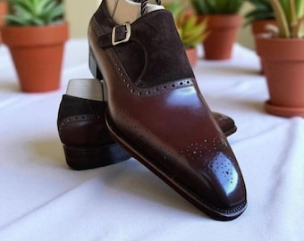 Handmade Two-Tone Leather Monk Strap Dress Shoes