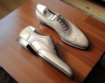 Handmade Cream Leather Oxford Brogue Shoes - Men's Lace Up Wingtip Dress Shoes