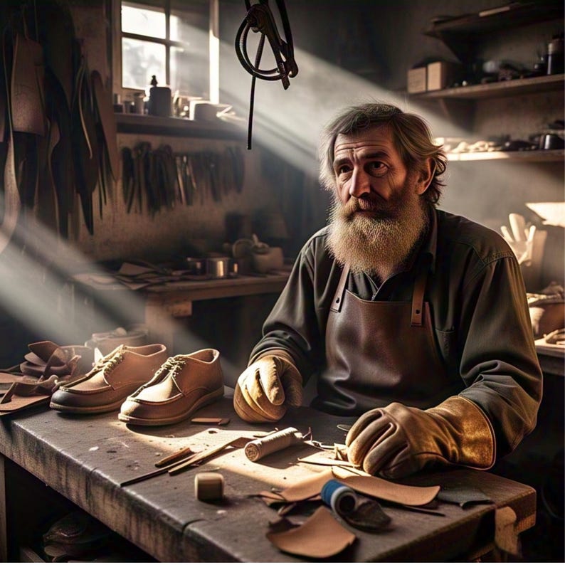 May include: A man wearing a brown leather apron and gloves works on a pair of brown leather shoes in a workshop. The workshop is filled with natural light streaming through a window.