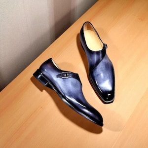 Bespoke New Men's Classic Fashion Hand Made Genuine Blue Shaded Leather Oxford Men's Single Strap Formal Wedding Dress Monk Shoes