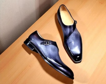 Ręcznie robione, niebieskie, skórzane buty typu Oxford z paskiem typu monk: buty ślubne na zamówienie