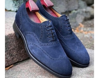 Richelieus richelieus en daim bleu à bouts ailés faits main : chaussures habillées pour hommes