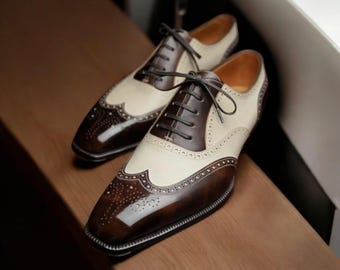 Chaussures Oxford Brogue en cuir bicolore faites main : Chaussures de mariage à lacets marron et crème pour homme