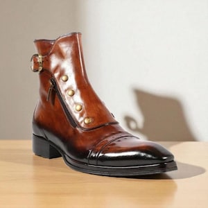 Bespoke New Men&#39;s Fashion Hand Made Brown Shaded Leather Cap Toe Oxford Men&#39;s Formal Single Strap Dress Chalsea Zip Boot.