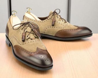 Handmade Two Tone Oxford Shoes: Men's Brown Leather & Beige Suede Wingtip Brogue