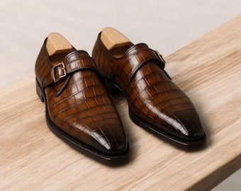 Handgefertigte braune Krokodil Textur Leder Oxford Schuhe: Herren Formeller Single Monk Strap