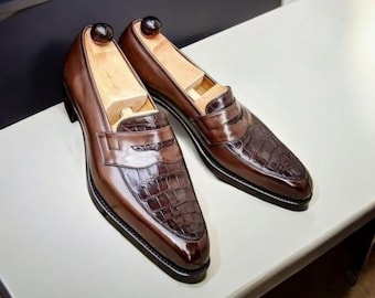 Handmade Two-Tone Leather Oxford Shoes: Men's Crocodile Texture Dress Moccasins