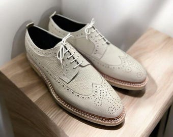 Cream Leather Oxford Brogues with Wingtip Design Luxe Linen & Leather: Natural/Beige Wingtip Lace Shoes  main image 4