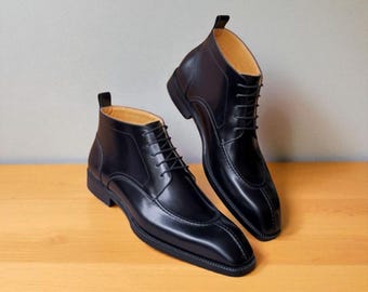 Botas Oxford de cuero negro hechas a mano: Zapatos de vestir formales con cordones para hombre