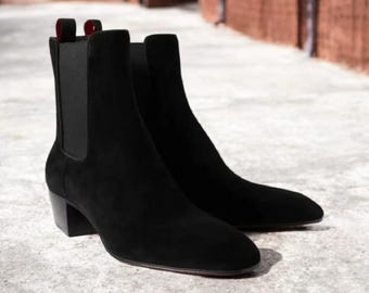 Handmade Leather Chelsea Boots: Men's Black Suede Oxford Ankle High Dress Boots