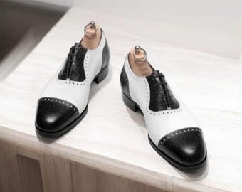Handmade Two-Tone Black & White Leather Oxford Shoes: Men's Cap Toe Dress Wedding Brogue.