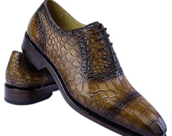 Handmade Brown Shaded Crocodile Print Leather Cap Toe Oxford Formal Dress Wedding Shoes