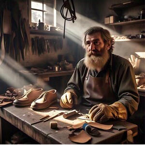 May include: A shoemaker in a workshop, wearing a leather apron and gloves, sits at a wooden table. Two pairs of brown leather shoes are on the table, along with tools and leather scraps. Sunlight streams through a window, illuminating the scene.
