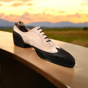 Handmade Two Tone Oxford Shoes: Black Leather & Beige Suede Wingtip Brogue