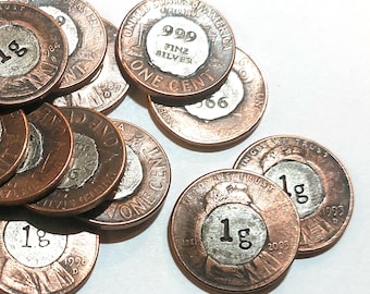 1g silver round plugged into a one cent piece. Penny Gram, Lucky Penny