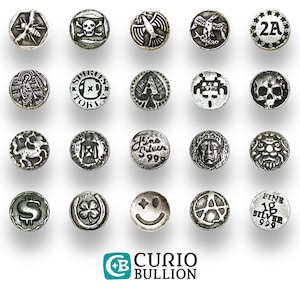 May include: A collection of twenty circular silver-toned metal tokens arranged in four rows of five. Each token features a unique embossed design, including a skull, a bee, a smiley face, a dollar sign, and text reading Fine Silver 999.