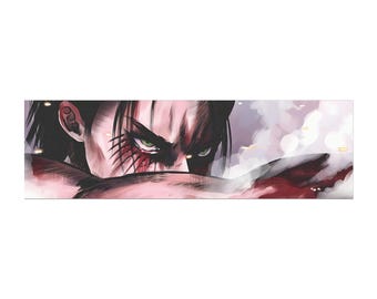 Może przedstawiać: Zbliżenie na postać z anime Atak Tytanów. Postać ma zielone oczy, bliznę na twarzy i patrzy bezpośrednio na widza. Tło jest rozmyte i ma czerwono-białą kolorystykę.