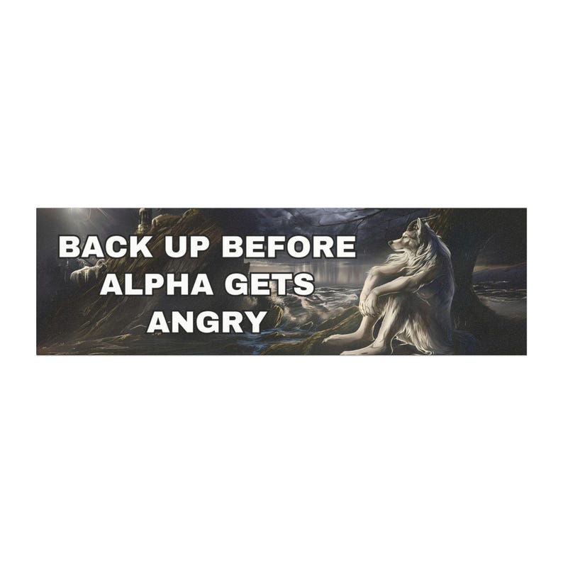May include: A wolf sits on a rocky shore with a stormy sky in the background. The text "Back up before alpha gets angry" is written in white letters across the top of the image.
