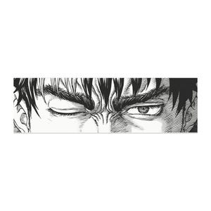 May include: Black and white illustration of a man's face with one eye closed and the other eye open, looking intensely.