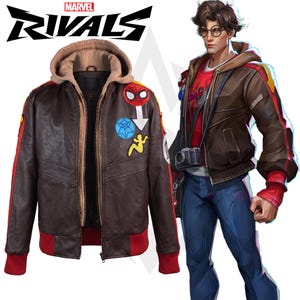 May include: A brown leather bomber jacket with a tan hood, red ribbed cuffs and hem, and several colorful patches on the chest including a Spider-Man mask. The jacket is displayed next to an illustration of a character wearing the same jacket.