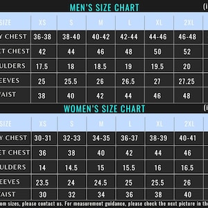May include: A black and light blue size chart table with two sections labeled Men's Size Chart and Women's Size Chart. The grid displays measurements in inches for body chest, jacket chest, shoulders, sleeves, and waist across sizes XS to 3XL.