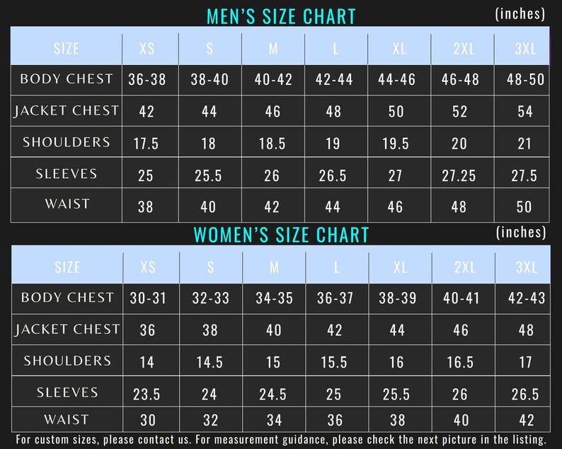 May include: A black and light blue size chart table with two sections labeled Men's Size Chart and Women's Size Chart. The grid displays measurements in inches for body chest, jacket chest, shoulders, sleeves, and waist across sizes XS to 3XL.