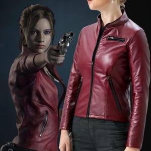 Resident Evil 2 Claire Redfield Moto Leather Jacket, Made in Heaven Print Leather Jacket, Leather Gaming Jacket, Gaming Cosplay Costume