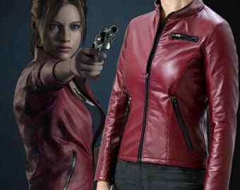 Resident Evil 2 Claire Redfield Moto Leather Jacket, Made in Heaven Print Leather Jacket, Leather Gaming Jacket, Gaming Cosplay Costume