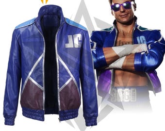 May include: A blue leather-style jacket featuring silver accents, a high collar, and the letters JC on the chest. The jacket is displayed alongside a character wearing the same garment, purple sunglasses, and a belt with the word CAGE in silver letters.