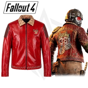 May include: A red leather jacket featuring a tan collar, a front zipper, and a Lucky 38 spade logo on the chest. The hem is decorated with silver studs. The jacket is displayed alongside a character wearing a matching distressed red jacket.