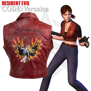 May include: A red leather vest featuring the text Let me live and a graphic of a blonde figure with a spear surrounded by flames on the back. The vest is displayed alongside a character wearing a matching red vest, black shirt, and blue jeans.