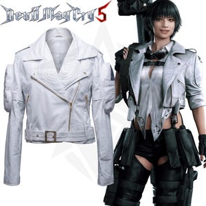 May include: A white motorcycle jacket with a notched collar, gold-tone zip, and a buckled waist belt. The jacket features shoulder epaulets, long sleeves with padded sections, and subtle embossed swirl patterns on the lapels. The Devil May Cry 5 logo is visible in the top left corner.